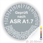 Prüfplaketten, Prüfetiketten rund, Farbe- Blau, Text "Geprüft nach ASR A1.7" in Weiß. Startjahr- 26, Monatszahlen Oben und Jahreszahlen Unten in Kreisform über den Jahreszahlen Text "Nächster Prüftermin".