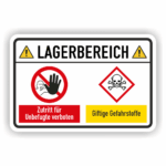 Warnschild Lagerbereich – Zutritt verboten und Gefahrstoffkennzeichnung mit Totenkopf und Warnsymbolen