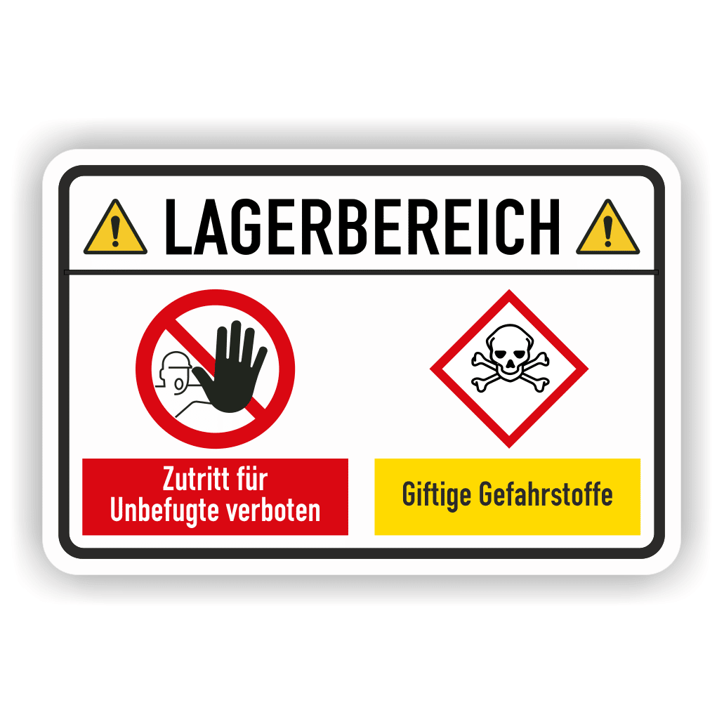 Warnschild Lagerbereich – Zutritt verboten und Gefahrstoffkennzeichnung mit Totenkopf und Warnsymbolen