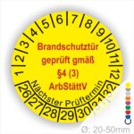 Prüfplakette Brandschutztür geprüft gemäß §4 (3) ArbStättV. Startjahr- 26, Farbe- Gelb