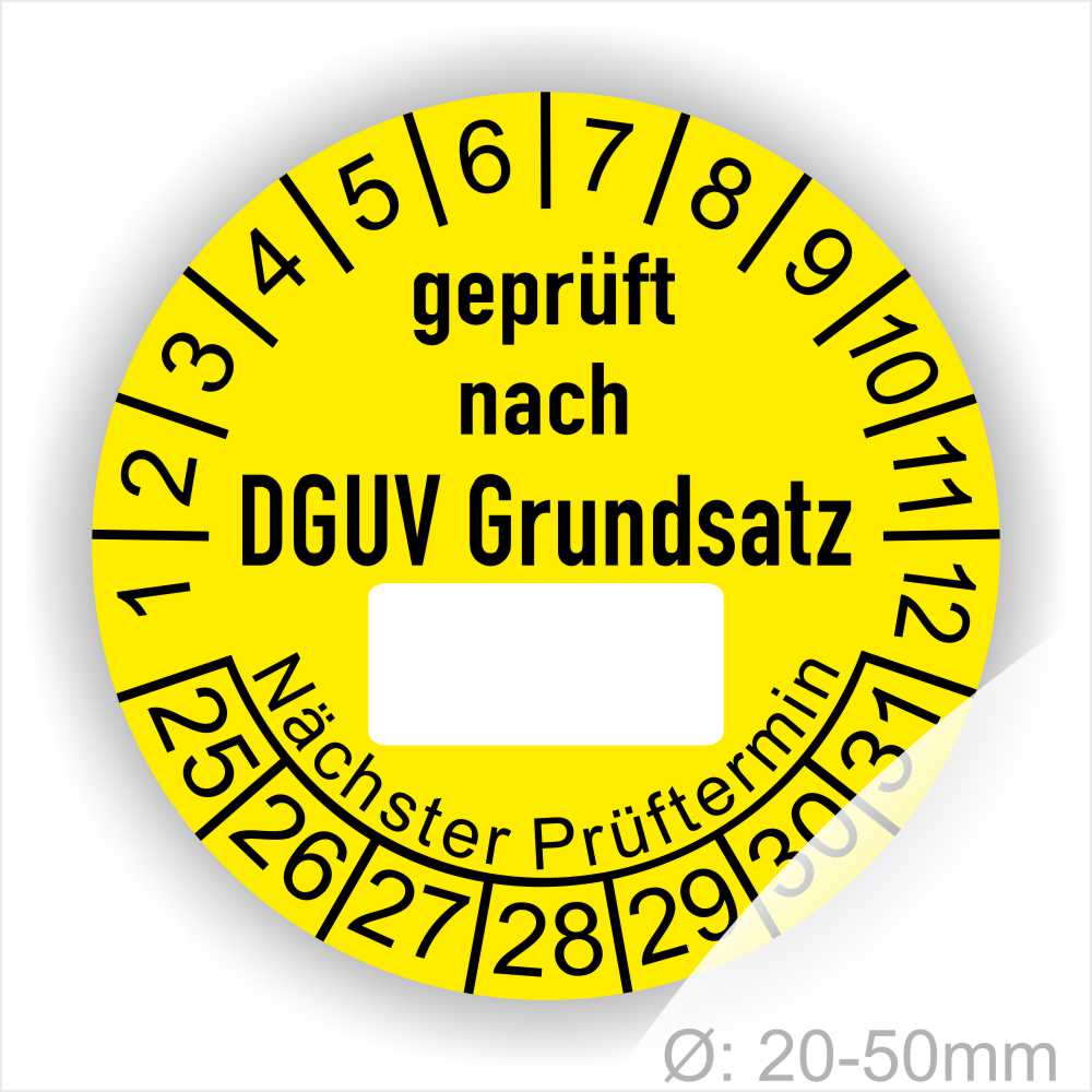 Prüfplakette DGUV-Grundsatz mit Beschriftungsfeld Startjahr- 2025, Farbe- Gelb