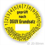 Prüfplakette DGUV-Grundsatz mit Beschriftungsfeld Startjahr- 2026, Farbe- Gelb
