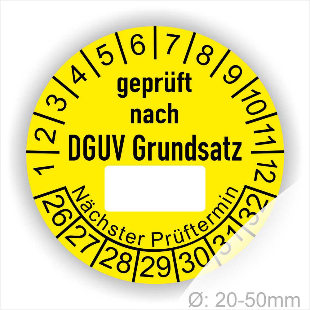 Prüfplakette DGUV-Grundsatz mit Beschriftungsfeld Startjahr- 2026, Farbe- Gelb