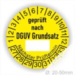 Prüfplakette DGUV-Grundsatz mit Beschriftungsfeld Startjahr- 2027, Farbe- Gelb
