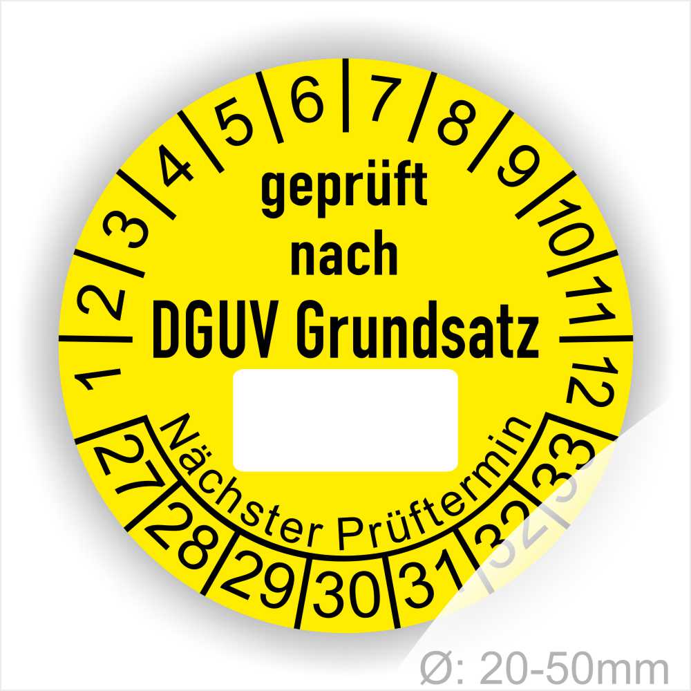 Prüfplakette DGUV-Grundsatz mit Beschriftungsfeld Startjahr- 2027, Farbe- Gelb