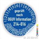 Prüfplakette Prüfetikette für DGUV Information 214–016 Austauschbare Kipp‐ und Absetzbehälter Prüfung. Farbe Blau, Text Weiss. Jahres und Monatszahlen, Startjar- 26