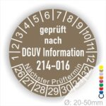 Mehrjaresprüfplakette für DGUV Information 214–016 Austauschbare Kipp‐ und Absetzbehälter Prüfung. Farbe Braun, Text Weiss. Jahres und Monatszahlen, Startjar- 26