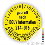 Prüfplakette Prüfetikette für DGUV Information 214–016 Austauschbare Kipp‐ und Absetzbehälter Prüfung. Farbe Gelb, Text Schwarz. Jahres und Monatszahlen Startjar- 26