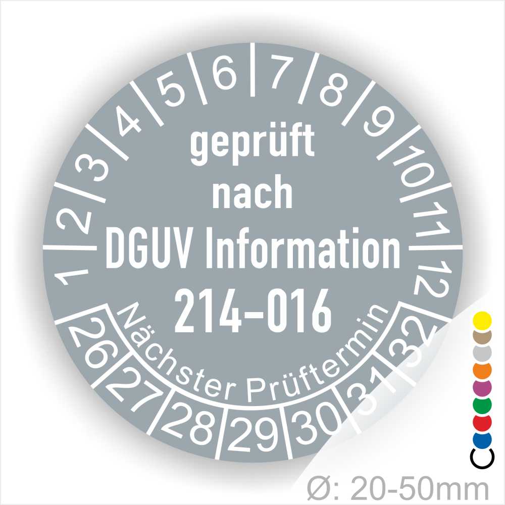Prüfplakette Warungsplakette DGUV Information 214–016 Austauschbare Kipp‐ und Absetzbehälter. Farbe Grau, Text Weiss. Jahres und Monatszahlen Startjar- 26