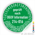 Prüfplakette Prüfsiegel DGUV Information 214–016 Austauschbare Kipp‐ und Absetzbehälter. Farbe Gruen, Startjar- 26