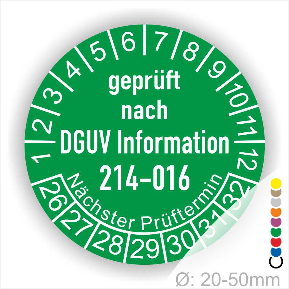 Prüfplakette Prüfsiegel DGUV Information 214–016 Austauschbare Kipp‐ und Absetzbehälter. Farbe Gruen, Startjar- 26