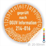 Prüfplakette DGUV Information 214–016 Austauschbare Kipp‐ und Absetzbehälter. Farbe Orange, Startjar- 26