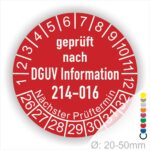 Prüfplakette DGUV Information 214–016 Austauschbare Kipp‐ und Absetzbehälter. Farbe Rot, Startjar- 26