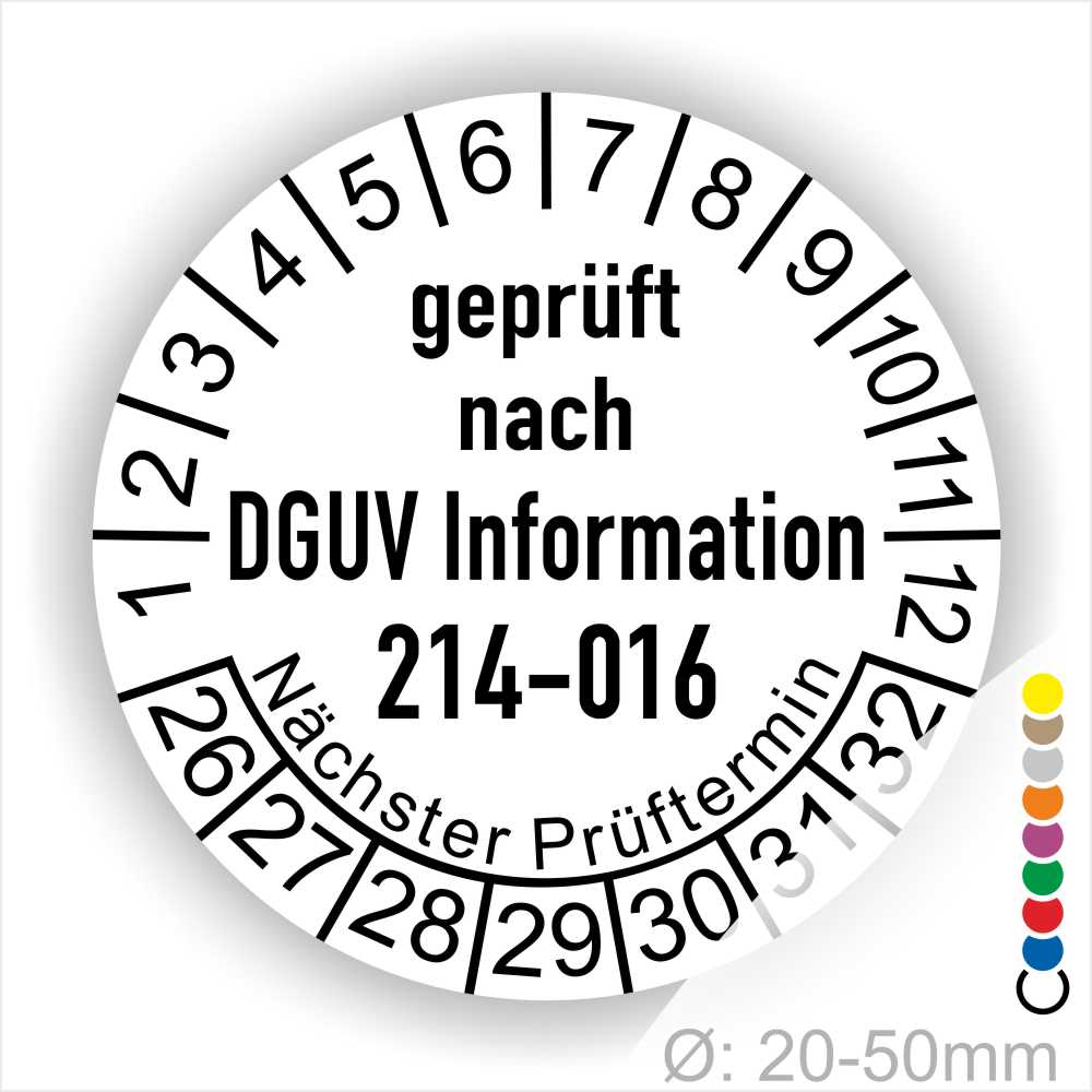 Prüfplakette DGUV Information 214–016 „Austauschbare Kipp‐ und Absetzbehälter“. Farbe Weiß, Startjar- 26