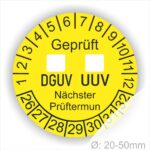 Prüfplaketten DGUV UVV mit Kästchen zum Ankreuzen Prüfplaketten rund mit dem TEX "DGUV UVV". Text in Schwarz, Platten Farbe- Gelb Starjahr 26