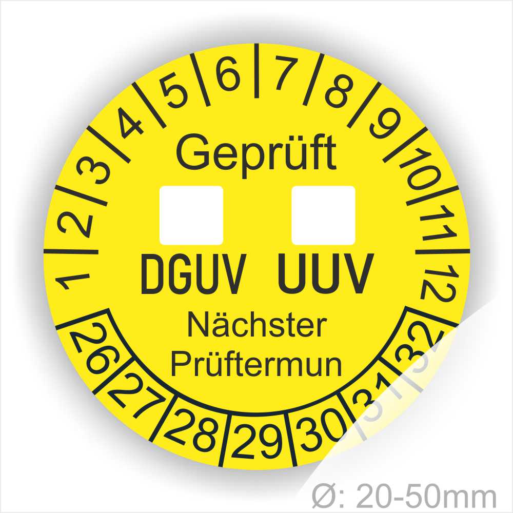 Prüfplaketten DGUV UVV mit Kästchen zum Ankreuzen Prüfplaketten rund mit dem TEX "DGUV UVV". Text in Schwarz, Platten Farbe- Gelb Starjahr 26