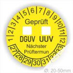 Prüfplaketten rund mit dem TEX "DGUV UVV" mit Kästchen zum Ankreuzen. Text in Schwarz, Platten Farbe- Gelb Starjahr 27
