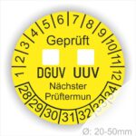 Prüfplaketten rund mit dem TEX "DGUV UVV" mit Kästchen zum Ankreuzen. Text in Schwarz, Platten Farbe- Gelb Starjahr 28