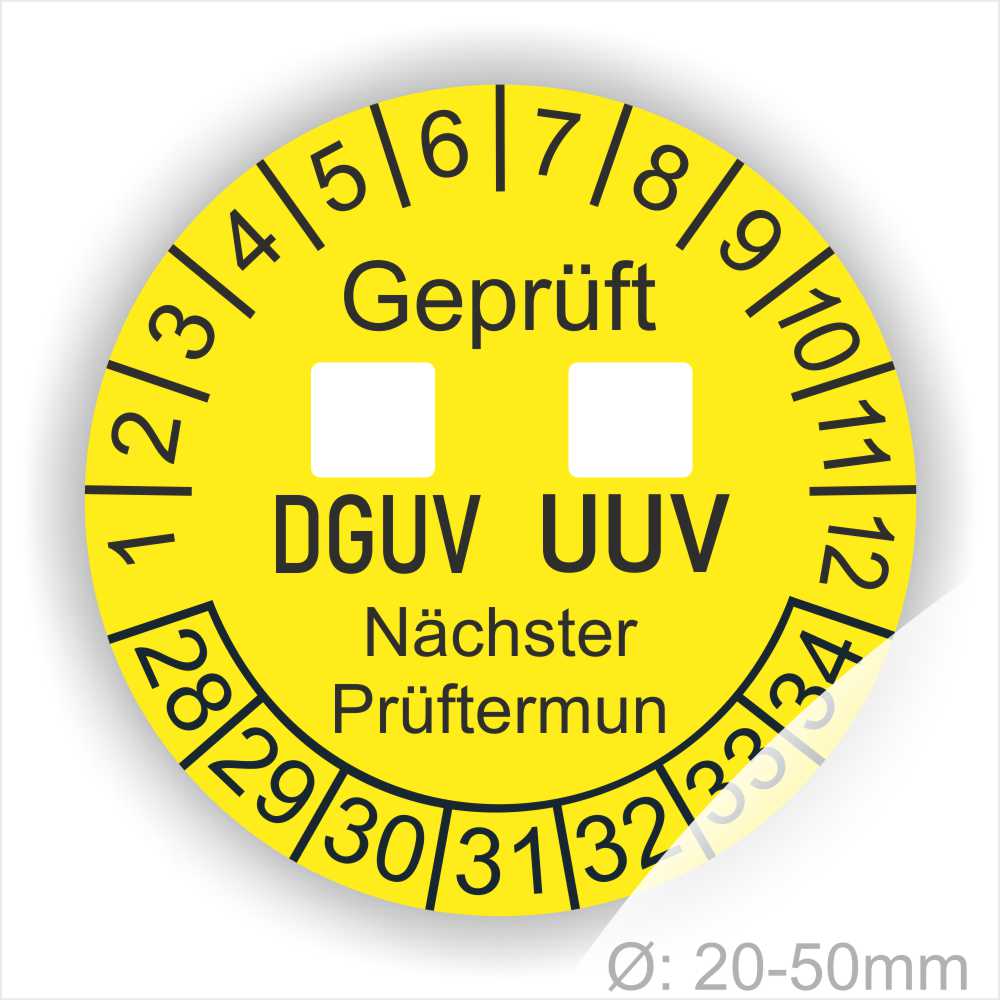 Prüfplaketten rund mit dem TEX "DGUV UVV" mit Kästchen zum Ankreuzen. Text in Schwarz, Platten Farbe- Gelb Starjahr 28