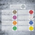 Prüfplaketten mit farbigen Texten. Diese Prüfplaketten für Kabel sind in verschiedenen Farben dargestellt: Weiß, Bronze, Rot, Lila, Orange, Grün und Gelb. Jede Plakette enthält Text, der das Jahr und den Vermerk "Geprüft nach DGUV V 3" zeigt.