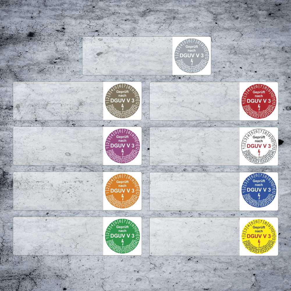 Prüfplaketten mit farbigen Texten. Diese Prüfplaketten für Kabel sind in verschiedenen Farben dargestellt: Weiß, Bronze, Rot, Lila, Orange, Grün und Gelb. Jede Plakette enthält Text, der das Jahr und den Vermerk "Geprüft nach DGUV V 3" zeigt.