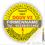 Sicherheitsprüfung Aufkleber nach DGUV V3, gelb mit Prüfintervall und Kontaktdaten, für Unternehmen, Ø 25-50mm.
