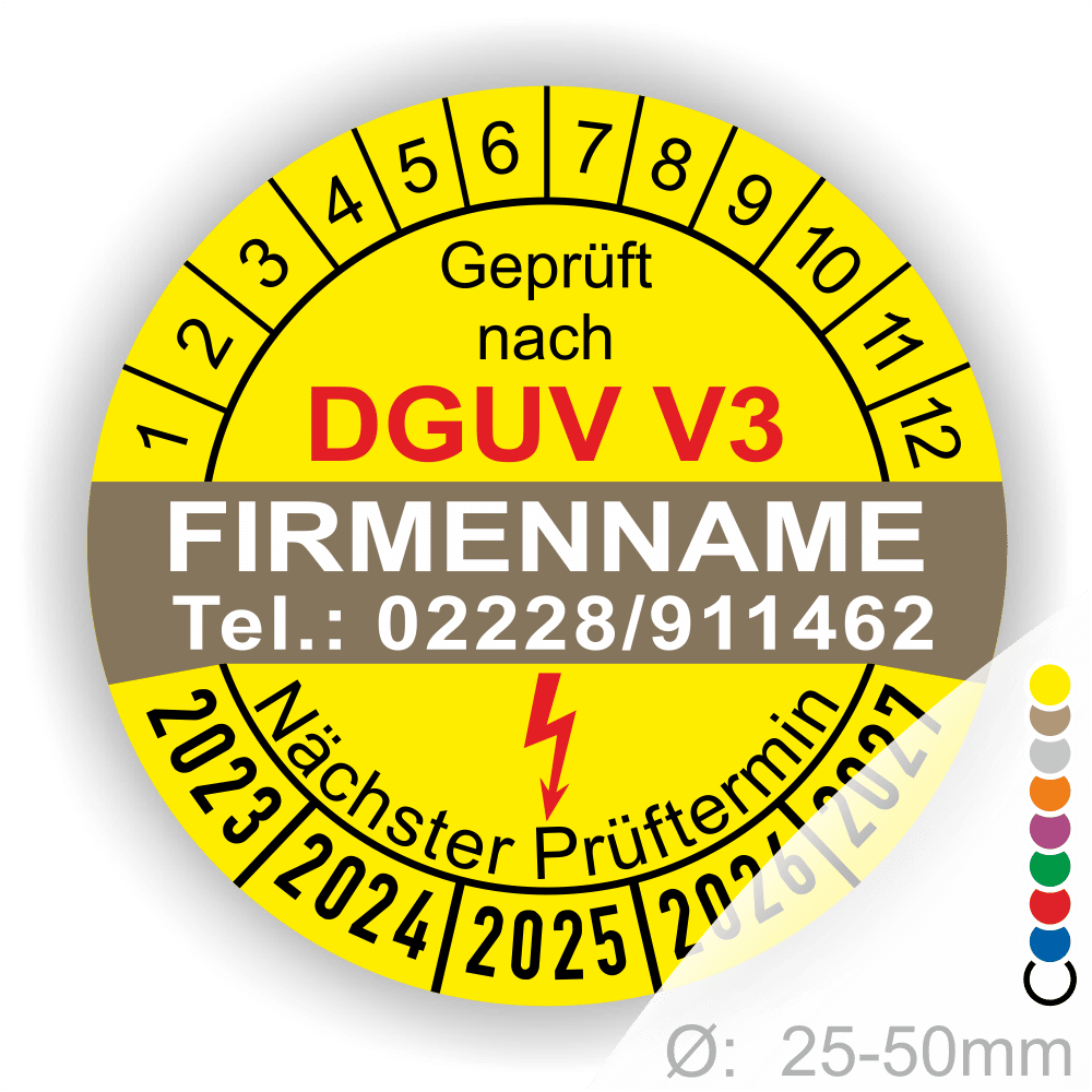 Sicherheitsprüfung Aufkleber nach DGUV V3, gelb mit Prüfintervall und Kontaktdaten, für Unternehmen, Ø 25-50mm.