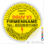 Gelbes Prüfzeichen nach DGUV V3 mit Platz für Firmenname und Telefonnummer. Enthält die nächsten Prüftermine von 2023 bis 2026 sowie einen Durchmesser von 25-50 mm.