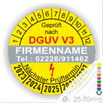 DGUV V3 Prüfsiegel mit Kontaktdaten und nächstem Prüftermin für elektrische Geräte, Durchmesser 25-50mm.
