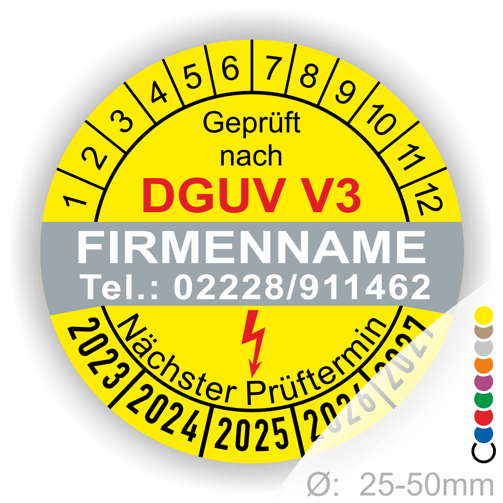 DGUV V3 Prüfsiegel mit Kontaktdaten und nächstem Prüftermin für elektrische Geräte, Durchmesser 25-50mm.
