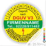 Sicherheitsprüfungssiegel nach DGUV V3 mit Firmennamen und Kontaktdaten, zeigt den nächsten Prüftermin und Durchmesser von 25-50 mm.