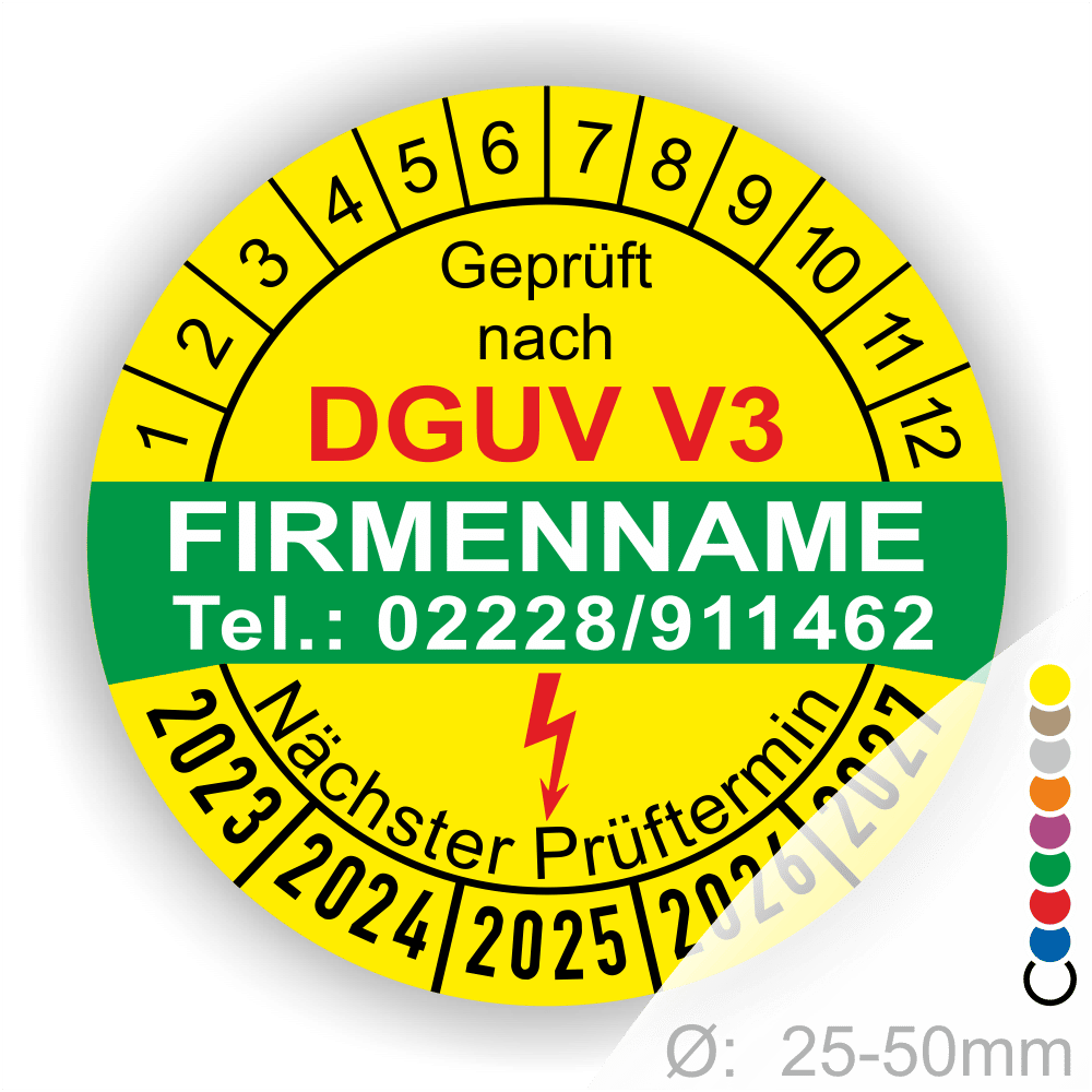 Sicherheitsprüfungssiegel nach DGUV V3 mit Firmennamen und Kontaktdaten, zeigt den nächsten Prüftermin und Durchmesser von 25-50 mm.