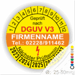 DGUV V3 Prüfplakette mit Informationen zu Firma, Telefonnummer und nächstem Prüftermin, geeignet für Geräte mit einem Durchmesser von 25-50 mm.