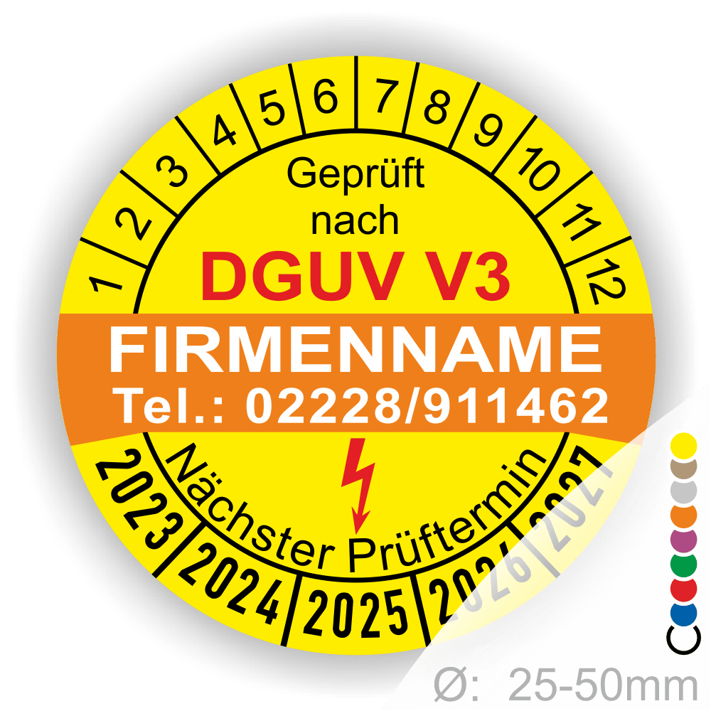 DGUV V3 Prüfplakette mit Informationen zu Firma, Telefonnummer und nächstem Prüftermin, geeignet für Geräte mit einem Durchmesser von 25-50 mm.