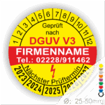 Prüfsiegel nach DGUV V3 mit Kontaktdaten und nächstem Prüftermin, geeignet für Geräte mit einem Durchmesser von 25-50 mm.