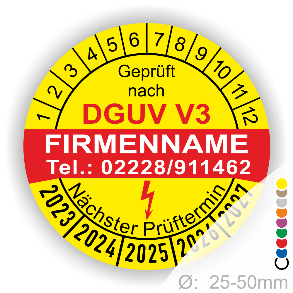 Prüfsiegel nach DGUV V3 mit Kontaktdaten und nächstem Prüftermin, geeignet für Geräte mit einem Durchmesser von 25-50 mm.