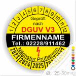 Prüfplakette nach DGUV V3 mit Firmennamen, Telefonnummer und Prüfintervall für elektrische Geräte. Durchmesser 25-50 mm, zeigt das nächste Prüfdatum an.