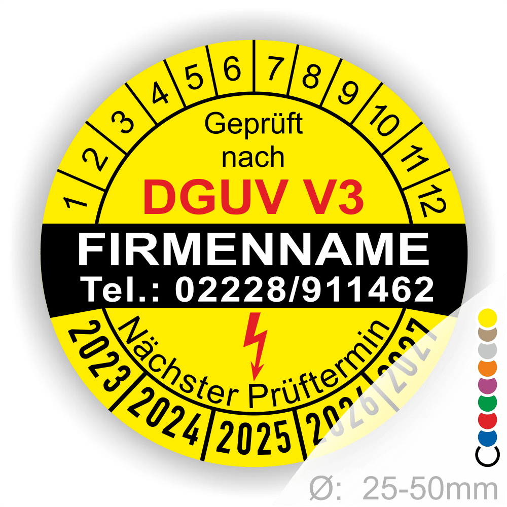 Prüfplakette nach DGUV V3 mit Firmennamen, Telefonnummer und Prüfintervall für elektrische Geräte. Durchmesser 25-50 mm, zeigt das nächste Prüfdatum an.