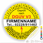 Prüfaufkleber gemäß DGUV V3 mit Platz für Firmennamen und Kontaktdaten, zeigt den nächsten Prüftermin und Durchmesser von 25-50 mm.