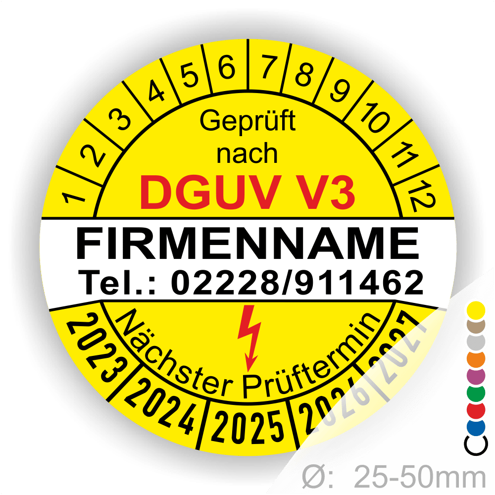 Prüfaufkleber gemäß DGUV V3 mit Platz für Firmennamen und Kontaktdaten, zeigt den nächsten Prüftermin und Durchmesser von 25-50 mm.