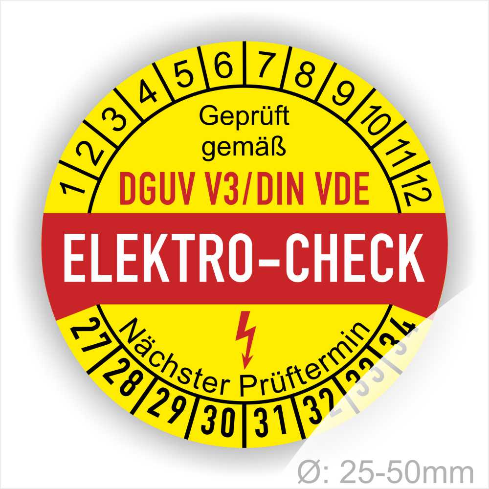 Prüfaufkleber, Prüfplaketten rund, Farbe- Gelb in der Mitte ein Streifen in Rot, Text oberer Teil "Geprüft gemäß DGUV V3/DIN VDE" in Schwarz. Mittig Streifen in Rot mit dem Text " ELEKTRO-CHECK", danach Elektropfeil in Rot Startjahr- 27, Monatszahlen Oben und Jahreszahlen Unten in Kreisform. Über den Jahreszahlen Text "Nächster Prüftermin"