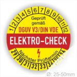 Prüfetiketten, Prüfplaketten rund, Farbe- Gelb in der Mitte ein Streifen in Rot, Text oberer Teil "Geprüft gemäß DGUV V3/DIN VDE" in Schwarz. Mittig Streifen in Rot mit dem Text " ELEKTRO-CHECK", danach Elektropfeil in Rot Startjahr- 29, Monatszahlen Oben und Jahreszahlen Unten in Kreisform. Über den Jahreszahlen Text "Nächster Prüftermin"