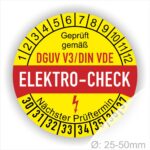 Prüfetiketten, Prüfplaketten rund, Farbe- Gelb in der Mitte ein Streifen in Rot, Text oberer Teil "Geprüft gemäß DGUV V3/DIN VDE" in Schwarz. Mittig Streifen in Rot mit dem Text " ELEKTRO-CHECK", danach Elektropfeil in Rot Startjahr- 30, Monatszahlen Oben und Jahreszahlen Unten in Kreisform. Über den Jahreszahlen Text "Nächster Prüftermin"