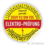 Prüfetiketten, Prüfsiegel rund, Farbe- Gelb in der Mitte ein Streifen in Rot, Text oberer Teil "Geprüft gemäß DGUV V3/DIN VDE" in Schwarz. Mittig Streifen in Rot mit dem Text " ELEKTRO-PRÜFUNG", danach Elektropfeil in Rot Startjahr- 27, Monatszahlen Oben und Jahreszahlen Unten in Kreisform. Über den Jahreszahlen Text "Nächster Prüftermin"