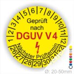 Prüfplakette rund mit Text geprüft nach DGUV V 4 danach Elektropfeil in Rot und Text Nächster Prüftermin. Plaketten Farbe- Gelb und Text in Schwarz ausser DGUV V3 in Rot. Monatszahlen oben und Jahreszahlen unten beginnend mit Startjahr- 26. Durchmesser 20-50mm frei wählbar.