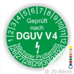 Prüfplakette rund mit Text geprüft nach DGUV V 4 danach Elektropfeil und Text Nächster Prüftermin. Plaketten Farbe- Grün und Text in Weiß. Monatszahlen oben und Jahreszahlen unten beginnend mit Startjahr- 26. Durchmesser 20-50mm frei wählbar.