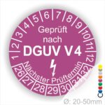 Prüfplakette rund mit Text geprüft nach DGUV V 4 danach Elektropfeil und Text Nächster Prüftermin. Plaketten Farbe- Lila und Text in Weiß. Monatszahlen oben und Jahreszahlen unten beginnend mit Startjahr- 26. Durchmesser 20-50mm frei wählbar.
