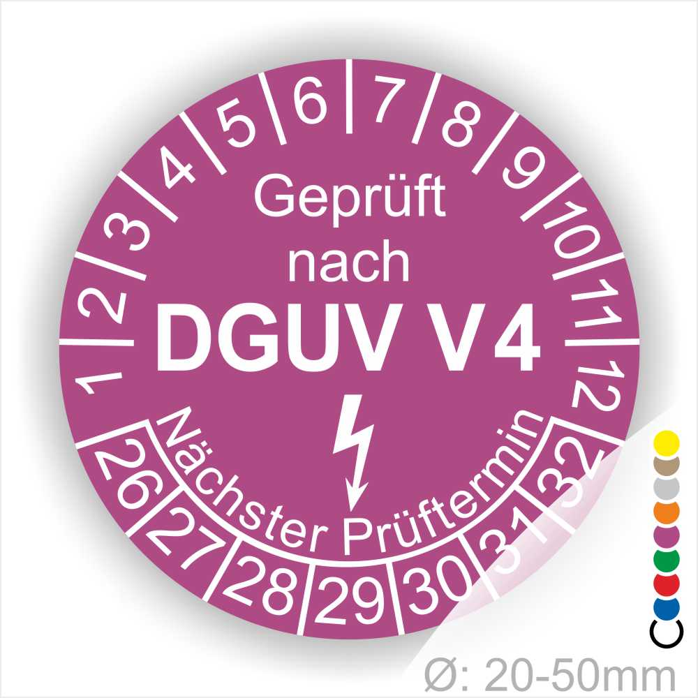 Prüfplakette rund mit Text geprüft nach DGUV V 4 danach Elektropfeil und Text Nächster Prüftermin. Plaketten Farbe- Lila und Text in Weiß. Monatszahlen oben und Jahreszahlen unten beginnend mit Startjahr- 26. Durchmesser 20-50mm frei wählbar.