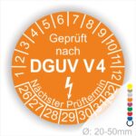 Prüfplakette rund mit Text geprüft nach DGUV V 4 danach Elektropfeil und Text Nächster Prüftermin. Plaketten Farbe- Orange und Text in Weiß. Monatszahlen oben und Jahreszahlen unten beginnend mit Startjahr- 26. Durchmesser 20-50mm frei wählbar.