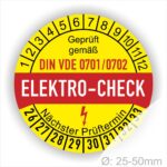 Prüfplaketten DIN VDE 701/702 Prüfetiketten, rund, Farbe- Gelb in der Mitte ein Streifen in Rot, Text oberer Teil "Geprüft gemäß DIN VDE 701/702" in Schwarz. Mittig Streifen in Rot mit dem Text " ELEKTRO-CHECK", danach Elektropfeil in Rot Startjahr- 27